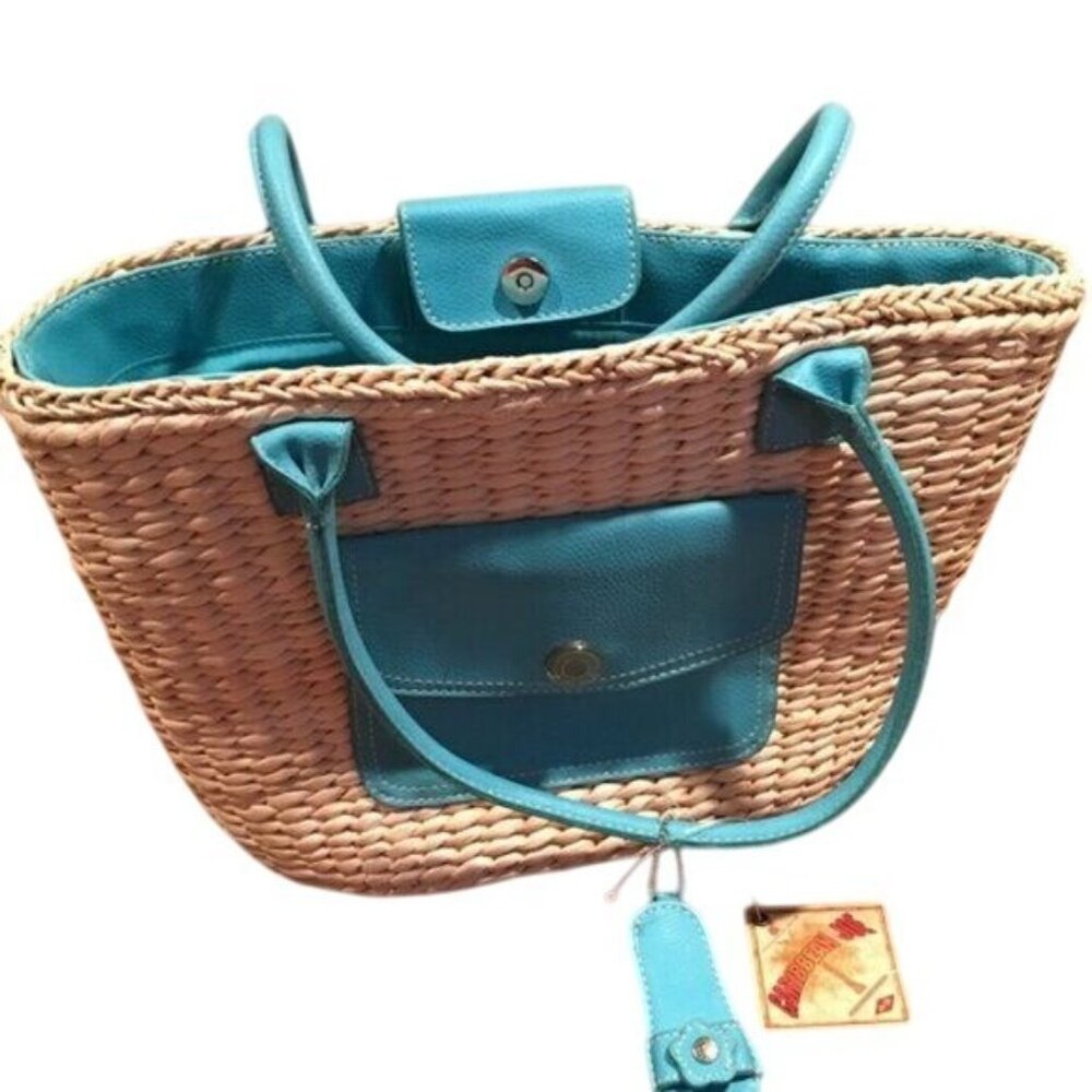 *Caribbean Joe Rattan Straw Woven Satchel Tote Teal Lining and Handles
